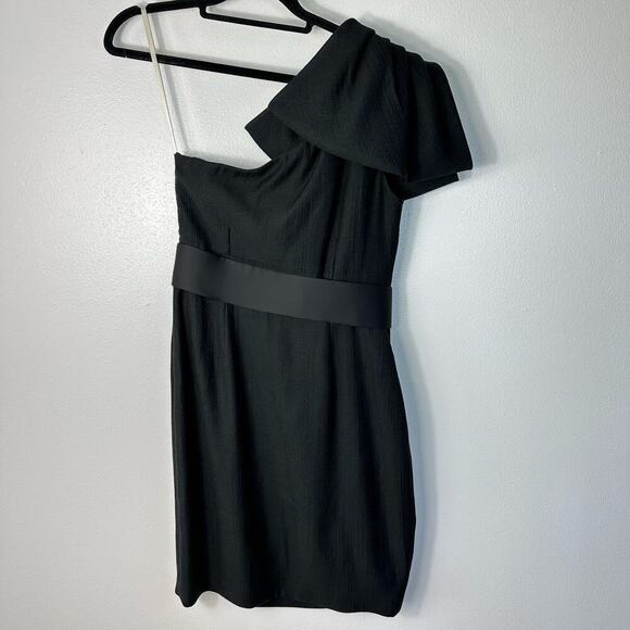 Marchesa Notte Dress One Shoulder Mini Bow Beaded Belted Cocktail LBD Black 4 - Picture 4 of 9